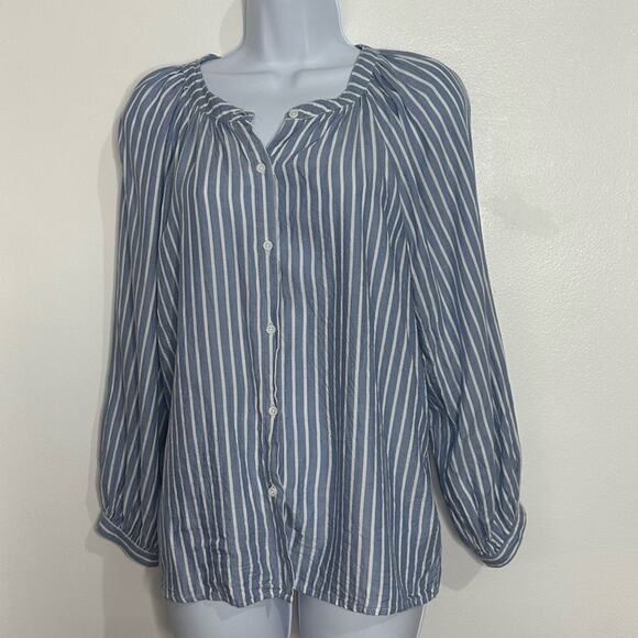 BeachLunchLounge Button Down Blouse, Blue Stripes, Small, Beach, Summer, Casual - Picture 2 of 11